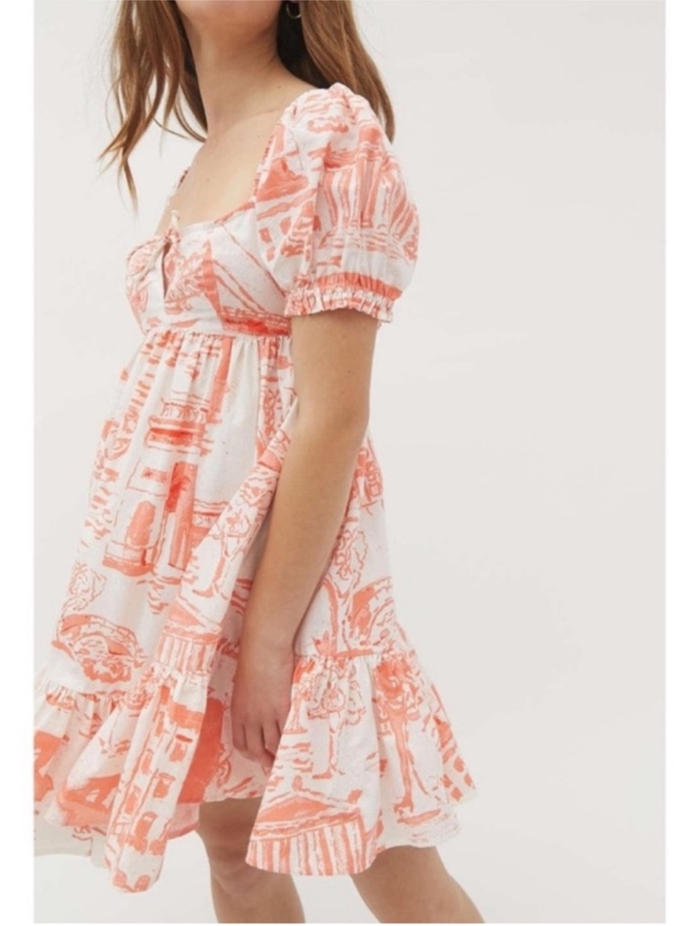 Urban Outfitters Wonderland Babydoll White Coral Print Puff-Sleeve Mini Dress